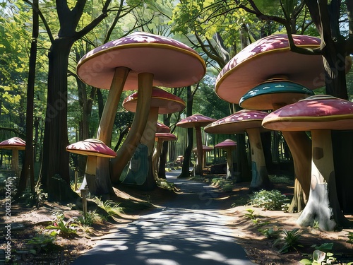 a path through a forest with large mushrooms.