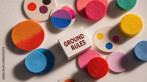 Bright multicolored sticker collage with bold 'GROUND RULES' text on light background with ample copy space