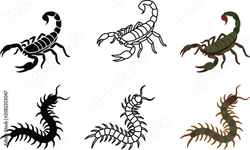 Εκτύπωση καμβά Venomous scorpion and centipede icons set featuring black silhouette outline and