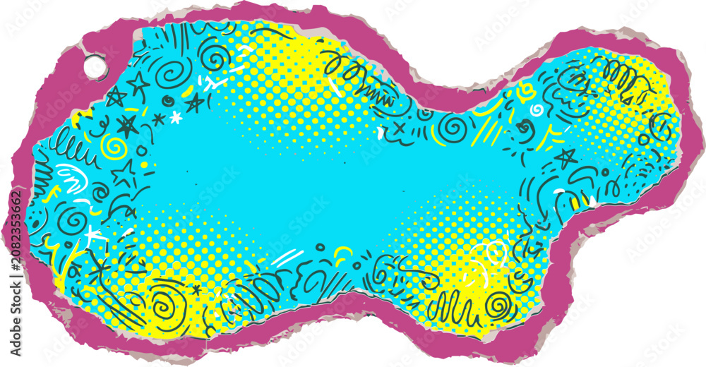 Naklejka premium Retro 90s pop art splash vector, vibrant neon graffiti blob with halftone dots and hand-drawn doodles, colorful urban street style design element