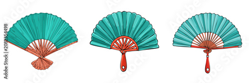Set of decorative teal folding fans with wooden handles and red accents for summer fashion