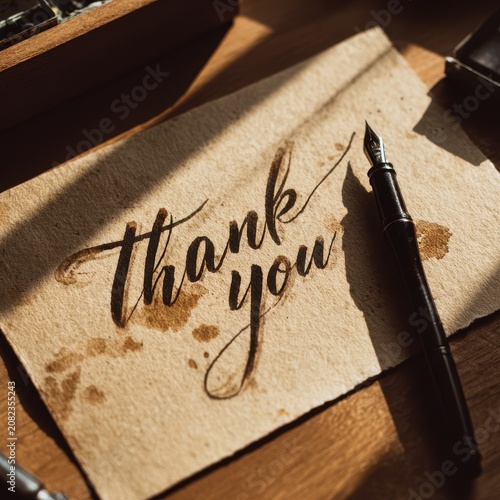 Graceful brush-script typography spelling 'Thank you' on artisan stationery