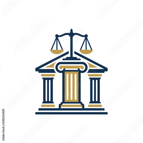 Justice scales on Greek column and courthouse facade icon.