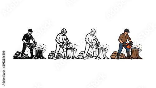 Line art illustration of a lumberjack felling trees with a chainsaw in four progressive stages of work