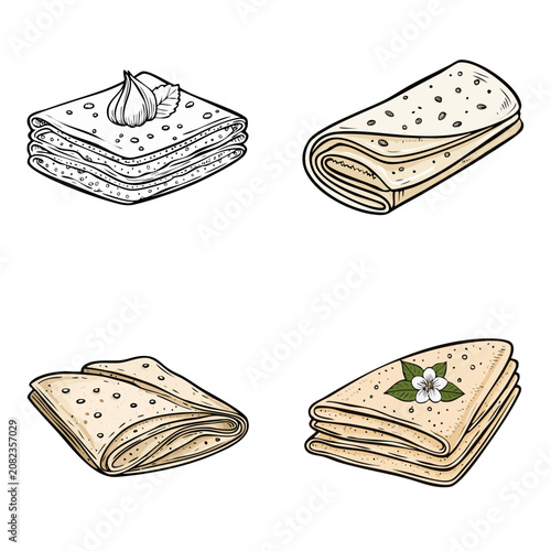 Set of Folded Flatbreads and Crepes with Decorative Elements