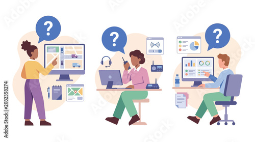 Bilde på lerret Teamwork and problem solving, logistics, dispatch and data analysis illustration