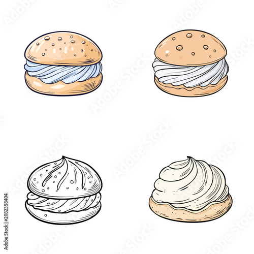 Set of Sweet Cream Puffs and Meringue Desserts Hand Drawn Illustration