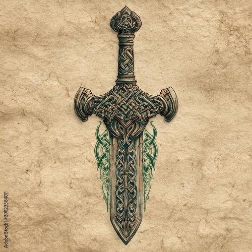 Hand-drawn Celtic sword with intricate knotwork for tattoo-inspired digital illustration