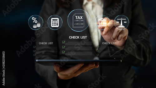 Foto Businesswoman Using Tablet for Tax Calculation and Financial Planning with Graphs and Check Lists on Digital Display Haptic