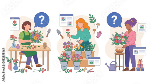 Photos Florist arranging bouquet in workshop, choosing flowers at stall, woman with arr