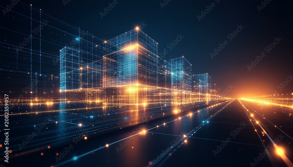 Fototapeta premium Futuristic Digital Architecture with Glowing Wireframe Buildings and Data Grid