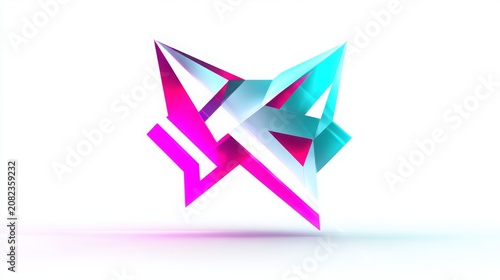 Abstract geometric render forming a creative shape with sharp edges in vibrant neon pink and turquoise colors, reflecting modern technology and futuristic design