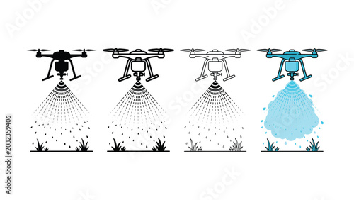 Tableau sur toile Four variations of drone spraying agricultural fields with differing detail and