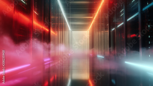 Futuristic data center server room corridor with glowing neon lights and mist, representing advanced cloud computing, artificial intelligence technology, and big data infrastructure