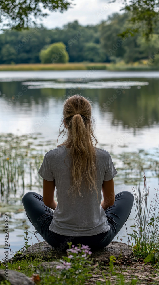 Fototapeta premium Peaceful woman with blonde hair sitting in meditative yoga pose on rock by serene lake, enjoying tranquility of nature during mindful wellness retreat outdoors.