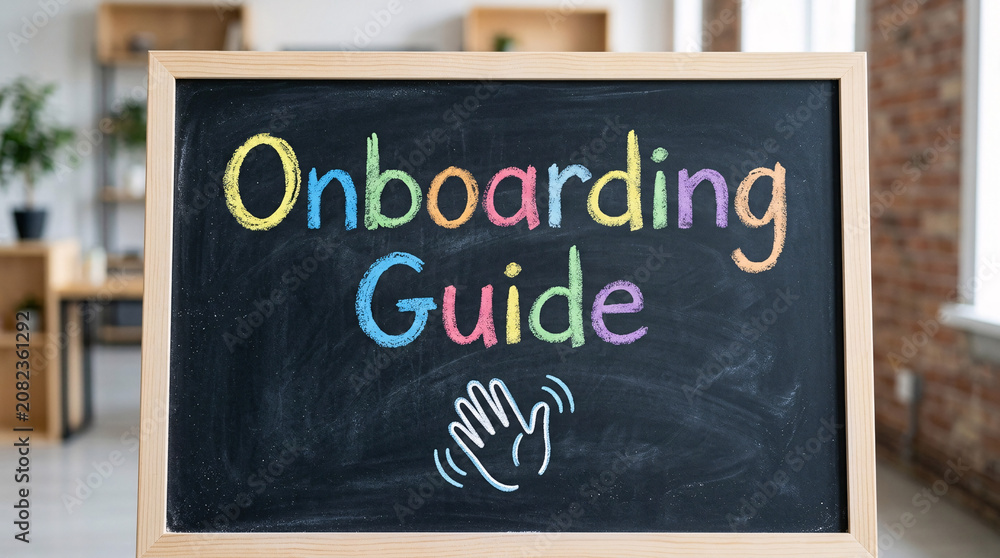 © Rodrigo - 'Onboarding Guide' written in colorful chalk on a blackboard in a bright office setting