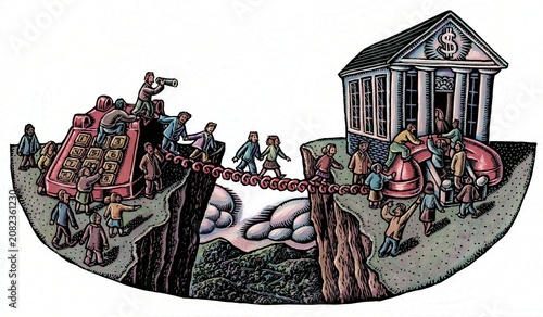 Fotografie people using cord of old fashioned telephone as a bridge to cross chasm to reach a bank