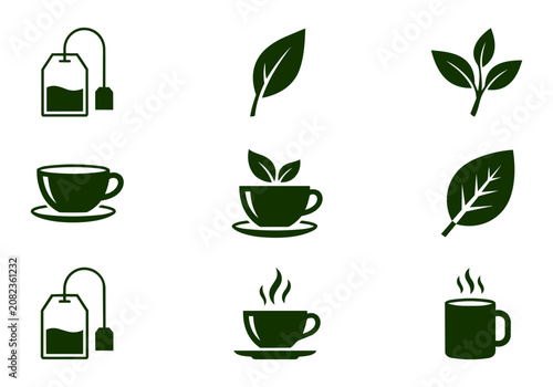 Set of 9 tea and herbal icons in line and solid style. Includes tea bag outline, tea leaves, tea plant, teacup with saucer, herbal tea cup, hot mug and steam.