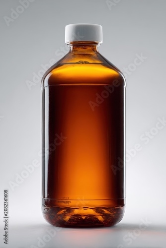 Hydrogen peroxide bottle in amber plastic container, upright on clean backdrop