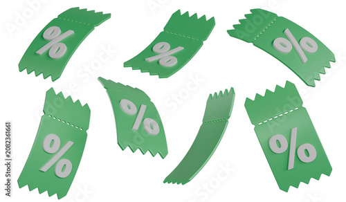 Floating Green Discount Coupon Tickets 3D Render Isolated Object
