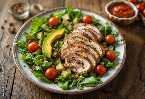 Rustic turkey avocado salad presentation, grilled turkey, avocado slices, leafy greens, cherry tomatoes, homemade sauce, wooden table background