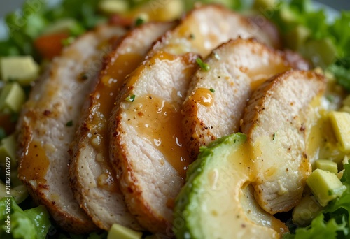 Close-up of turkey avocado salad, perfectly sliced turkey meat, creamy avocado texture, fresh greens, sauce drops.