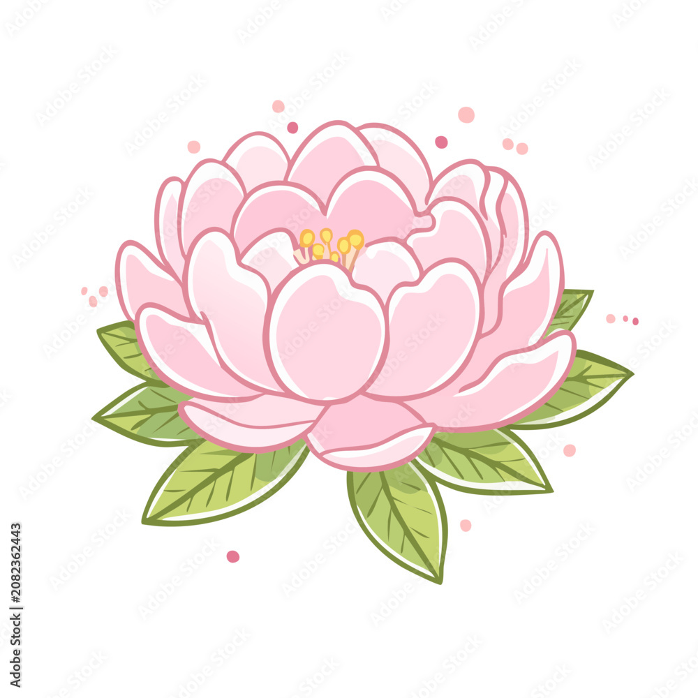 Fototapeta premium Delicate Pink Peony Flower with Green Leaves and Soft Dots