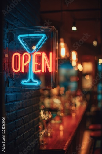 Cinematic neon glow: red and blue cocktail sign brightening a dim nighttime bar scene