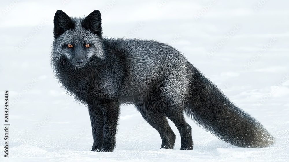 Fototapeta premium Calm melanistic fox in a wintry scene, high-detail illustration on a clean white background