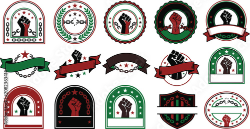 Collection of vintage style circular emblems and badges featuring a raised fist, chains, and stars in red, green, and black colors