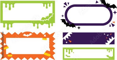Halloween themed decorative frames with dripping slime, bats, and candy corn for festive party invitations and holiday banners