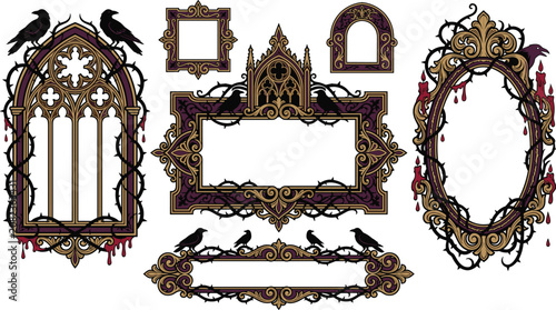 Gothic style ornate frames with black ravens, thorny vines, and dripping accents for dark fantasy or horror themed projects