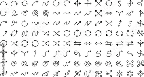 Hand drawn arrow collection featuring various shapes, loops, spirals, and directions for navigation and infographic