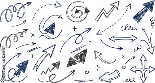 Hand drawn arrow set with scribbled textures, spirals, and various pointing directions for creative presentation and web