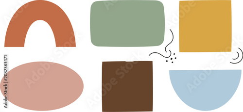 Abstract geometric shapes in earthy tones including terracotta, sage green, mustard yellow, and soft blue for minimalist decor
