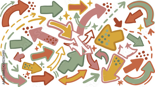 Hand drawn doodle arrows set in various shapes and directions with colorful rustic textures on a plain white background, for web