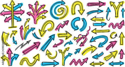 Hand drawn doodle arrow collection featuring various shapes, directions, and styles in vibrant yellow, blue, and pink colors