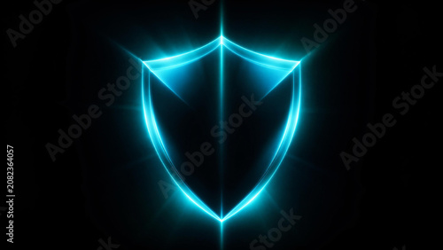 Glowing Digital Shield Icon on Black Background with Neon Light Effect