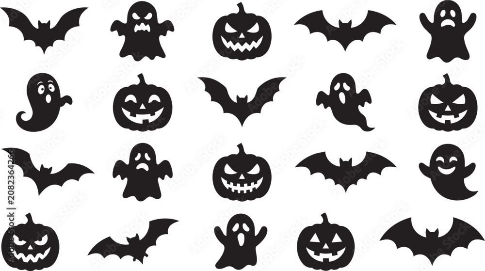 Obraz premium Spooky Halloween silhouettes of bats ghosts and pumpkins on a white background for festive decoration