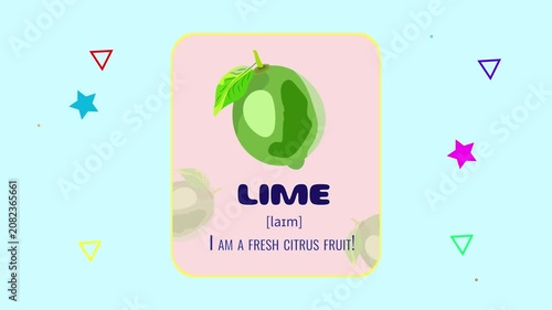 Fig fruit flashcard motion graphics animation with floating geometric shapes