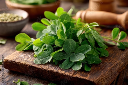 Leafy fenugreek herb close-up for culinary use in warm kitchen light