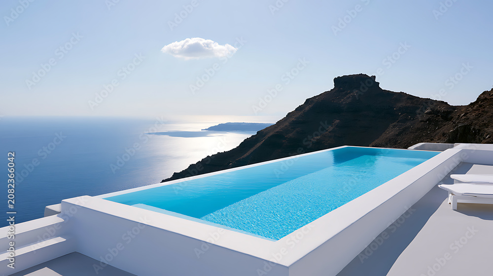 Fototapeta premium Stunning cliffside infinity pool with brilliant blue water overlook vast ocean and rugged dark mountain under clear sky with fluffy cloud