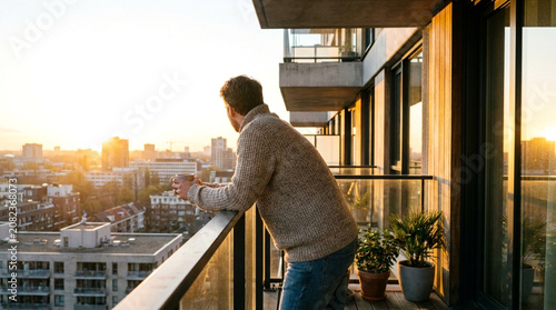 Man on balcony overlooking cityscape at sunrise with urban