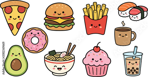 Colorful Flat Lay Illustration of Fast Food and Dessert Items on White Background