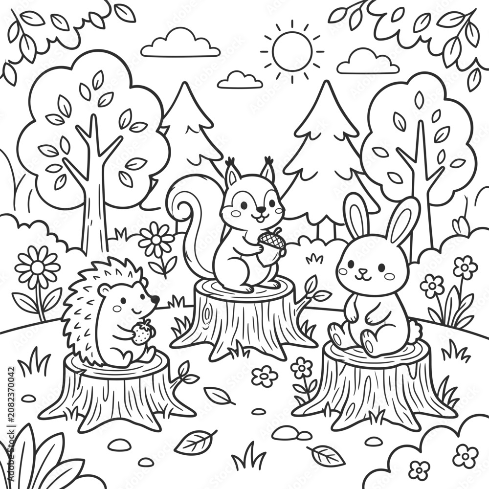 Fototapeta premium Cute woodland animals sitting on tree stumps in a forest scene in black and white