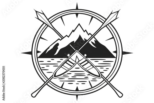 Vintage style emblem with crossed canoe paddles and a mountain landscape inside a compass rose.