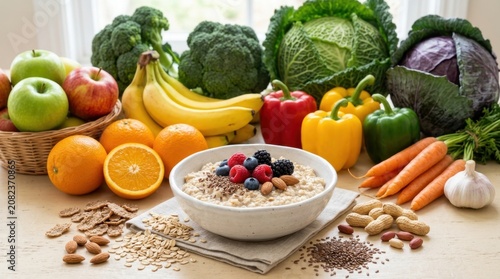 Studio photograph of a healthy food arrangement with a bowl of oatmeal porridge surrounded by fresh fruits vegetables nuts and whole grains