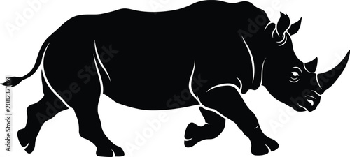 Bild auf Leinwand Detailed rhinoceros silhouette walking side view profile vector illustration representing African safari wildlife species endangered animal and nature conservation concept