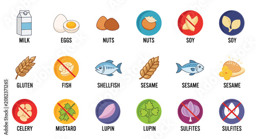 Fotografi Collection of common food allergens and dietary icons.