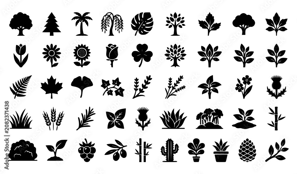 Obraz premium Black Plant Silhouette Icon Pack Trees Flowers and Grass Vector